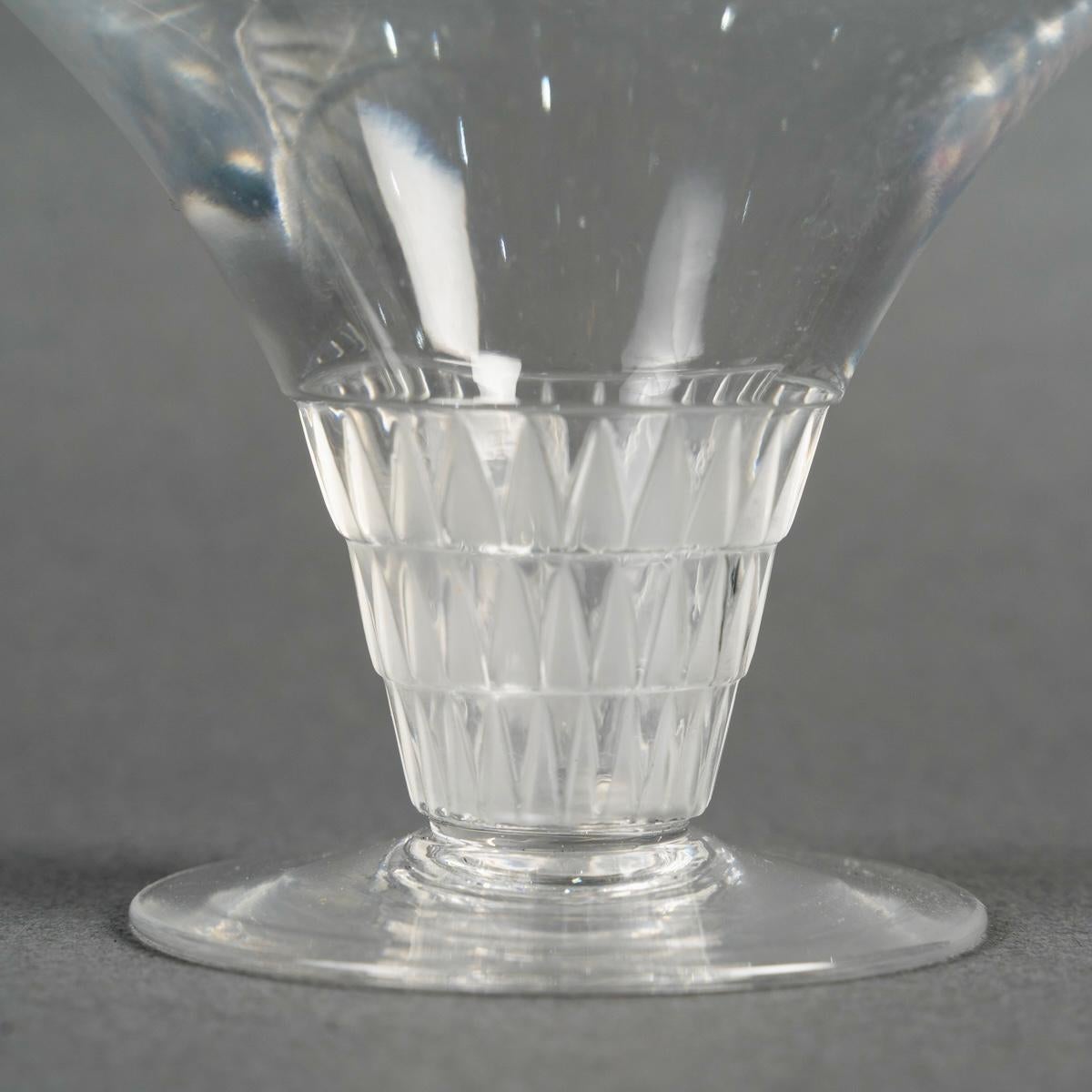 French 1931 Rene Lalique - Set of 6 Art Deco Champagne Glasses Bourgueil Glass