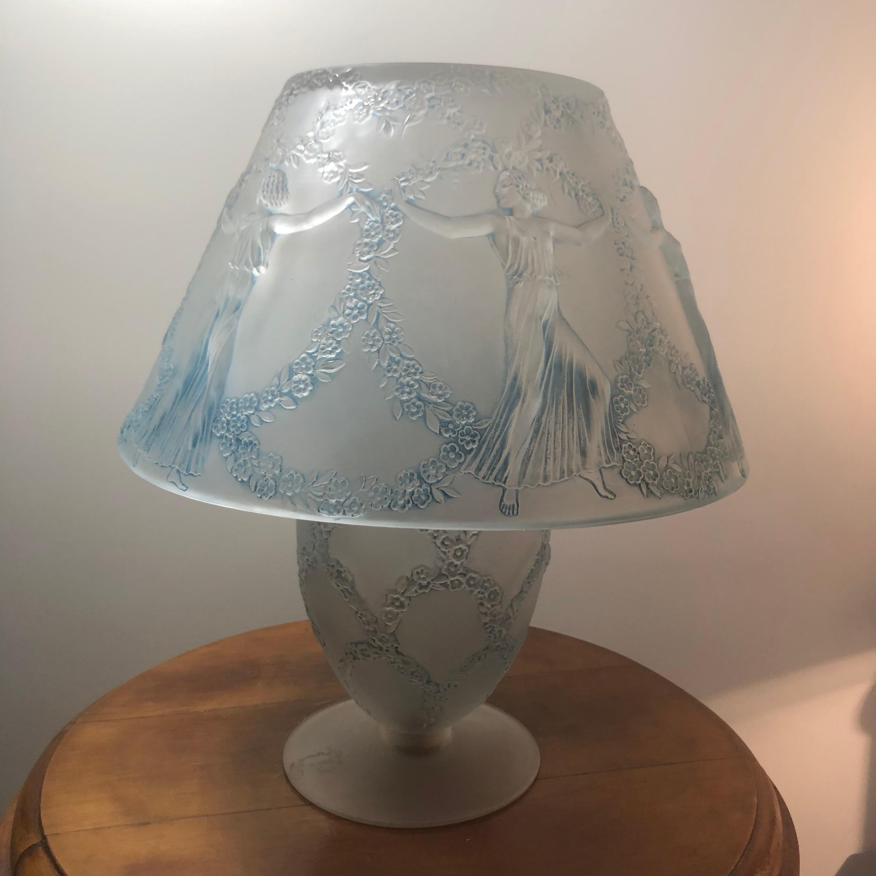 French 1931 Rene Lalique Six Danseuses Lamp Blue Stained Froted Glass - Dancing Women