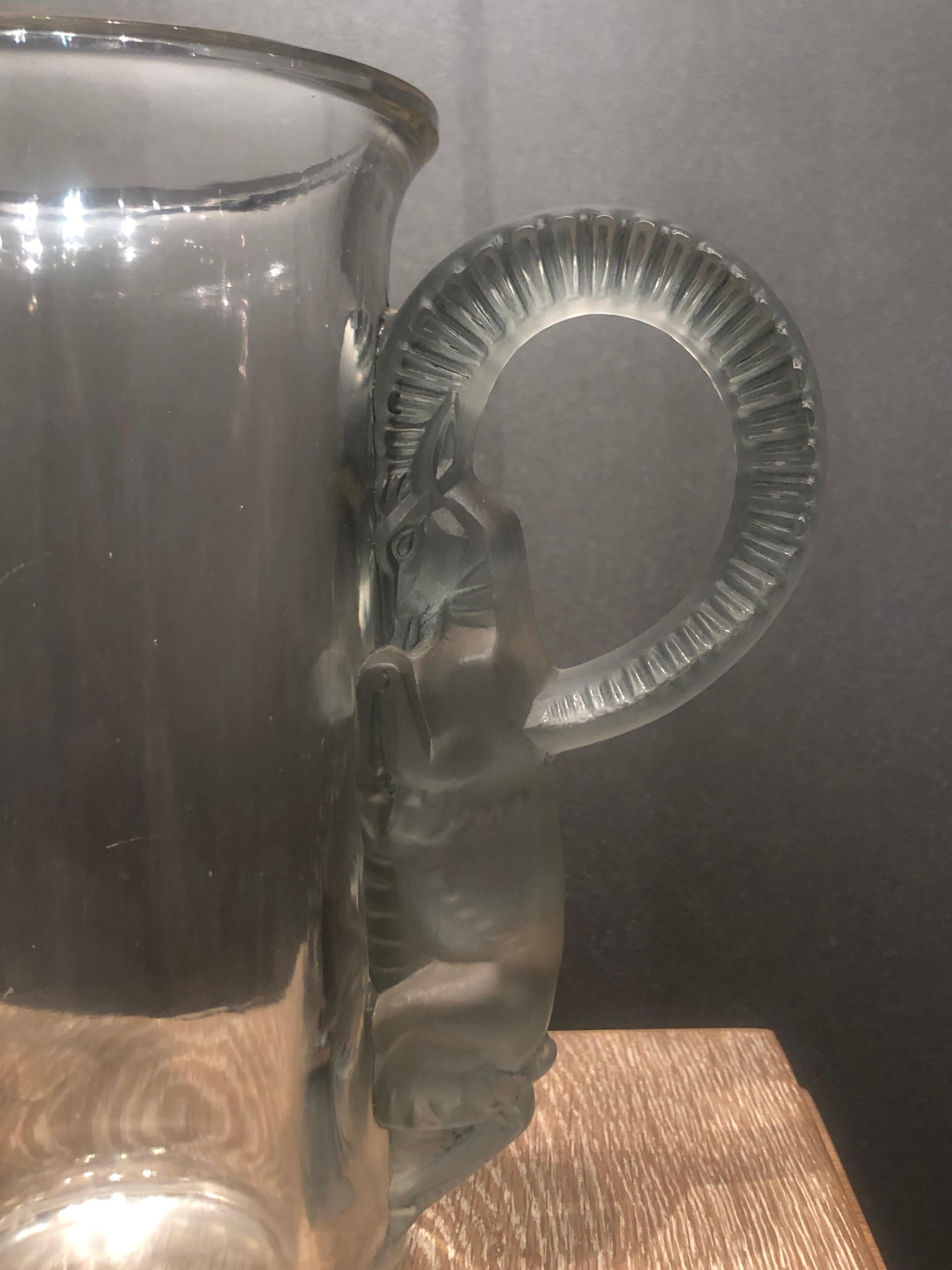 French 1931 René Lalique Thibet Tibet Vase in Clear Glass with Green Stain, Rams