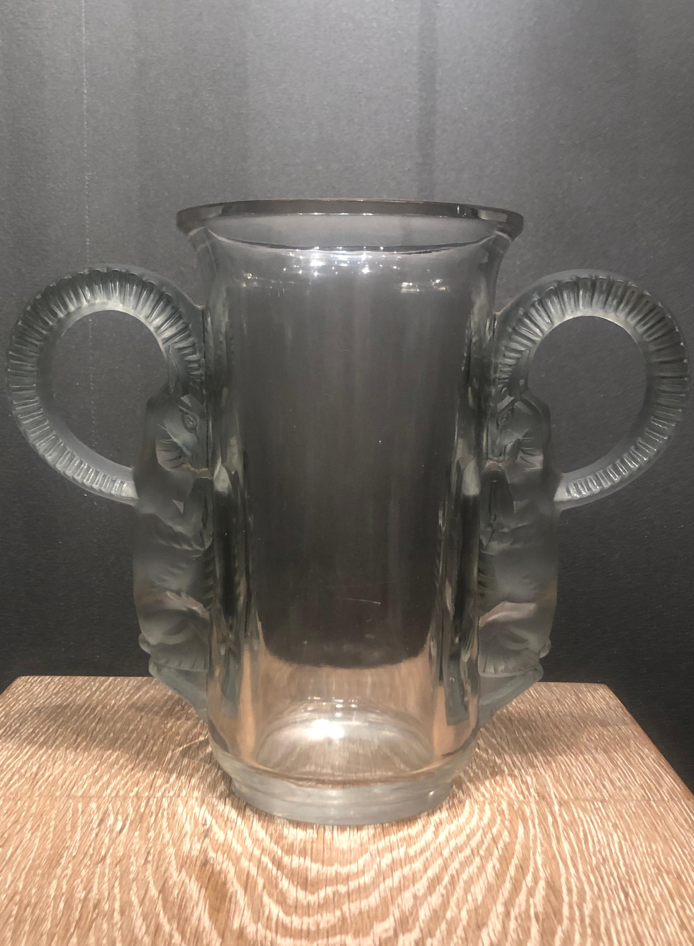 Mid-20th Century 1931 René Lalique Thibet Tibet Vase in Clear Glass with Green Stain, Rams