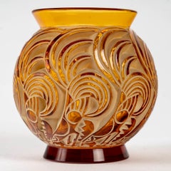 1931 René Lalique, Vase Bresse Amber Yellow Glass with Green Beige Patina