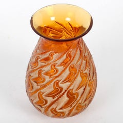 1931 René Lalique, Vase Canards Amber Yellow Glass with Green Beige Patina