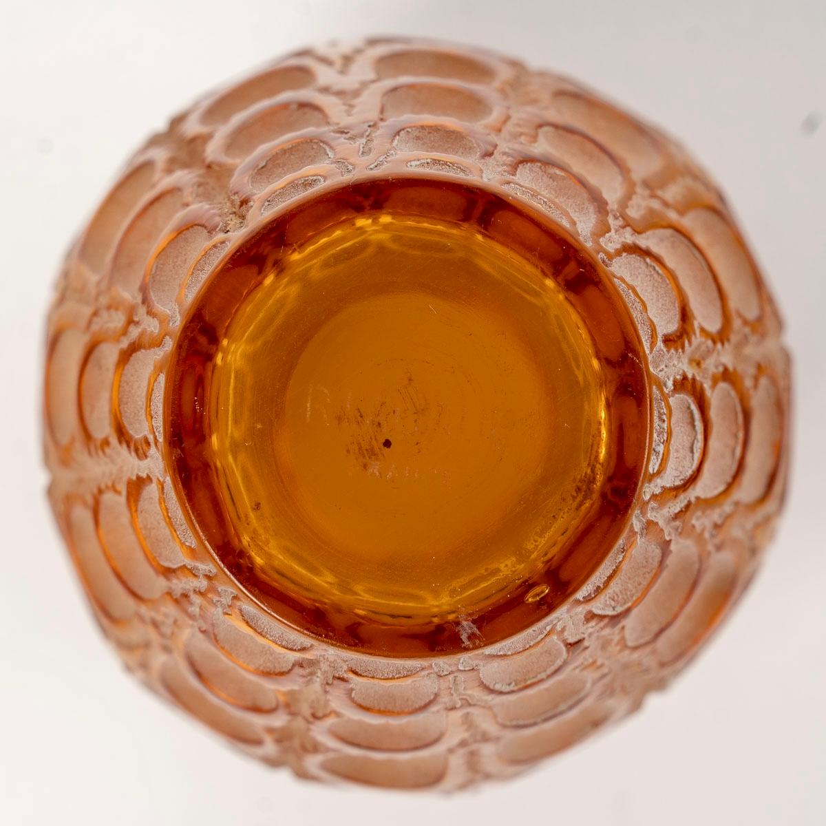 French 1931 René Lalique - Vase Laiterons Amber Yellow Glass with Beige Patina