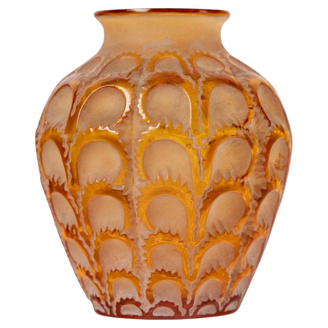1931 René Lalique - Vase Laiterons Amber Yellow Glass with Beige Patina