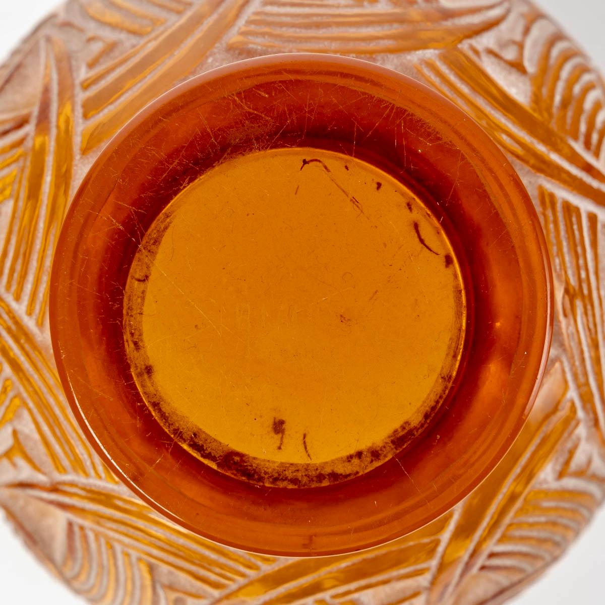 Molded 1931 René Lalique, Vase Le Mans Amber Yellow Glass with Beige Patina