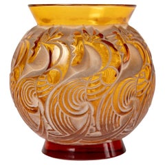 1931 René Lalique, Vase Le Mans Amber Yellow Glass with Beige Patina