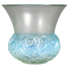 1931 René Lalique Vase Renoncules Buttercups Opalescent Glass with Blue Patina