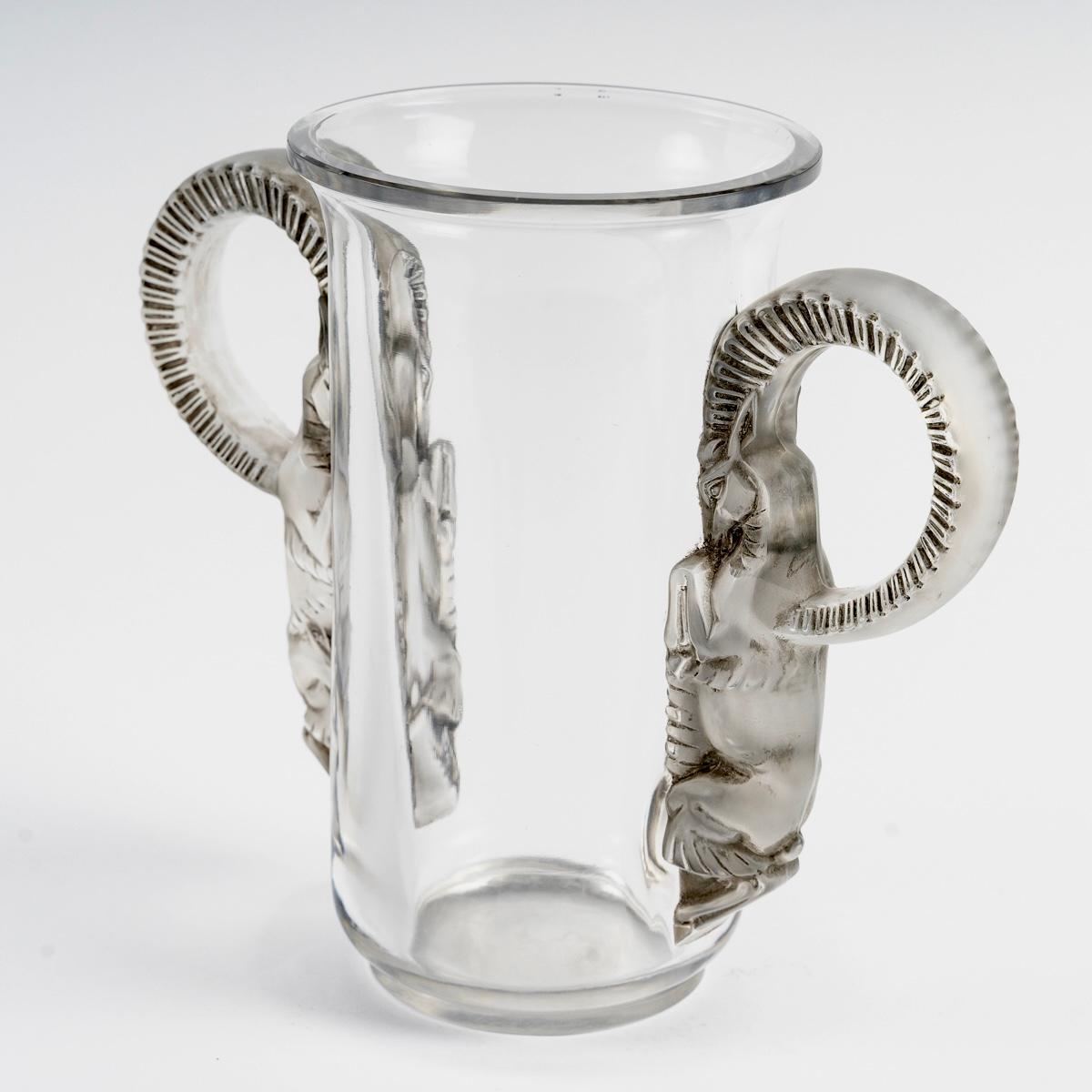Art Deco 1931 René Lalique Vase Thibet Tibet Glass with Grey Patina Rams For Sale
