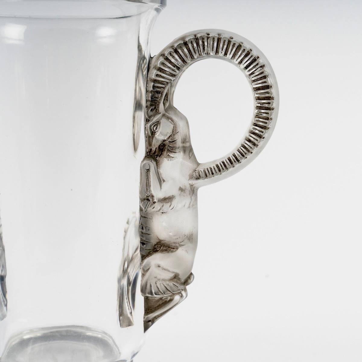 French 1931 René Lalique Vase Thibet Tibet Glass with Grey Patina Rams For Sale