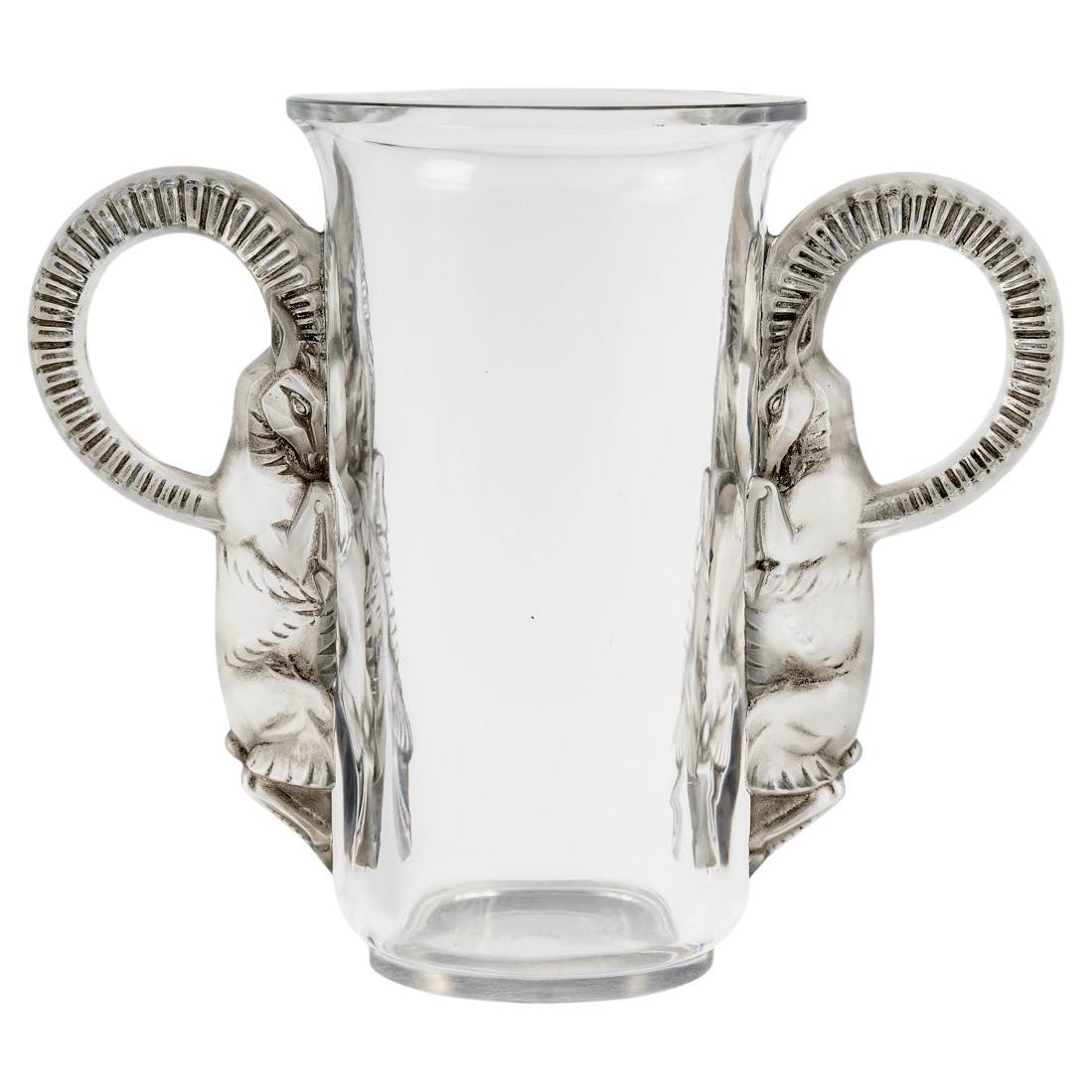 1931 René Lalique Vase Thibet Tibet Glass with Grey Patina Rams