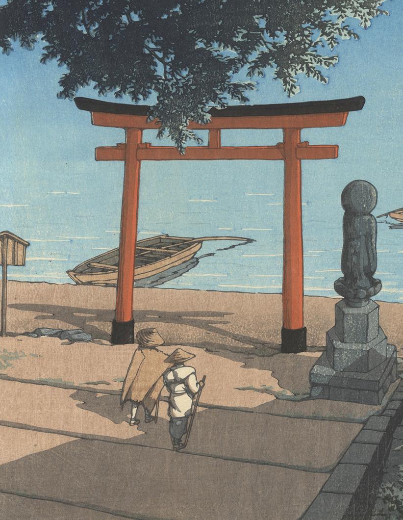 Showa 1931 Shin-Hanga Print, Japanese Woodcut Woodblock Print, Torii by Chuzenji, Blue