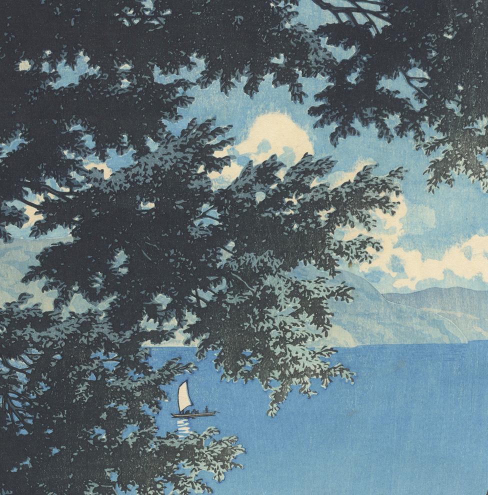 Dyed 1931 Shin-Hanga Print, Japanese Woodcut Woodblock Print, Torii by Chuzenji, Blue