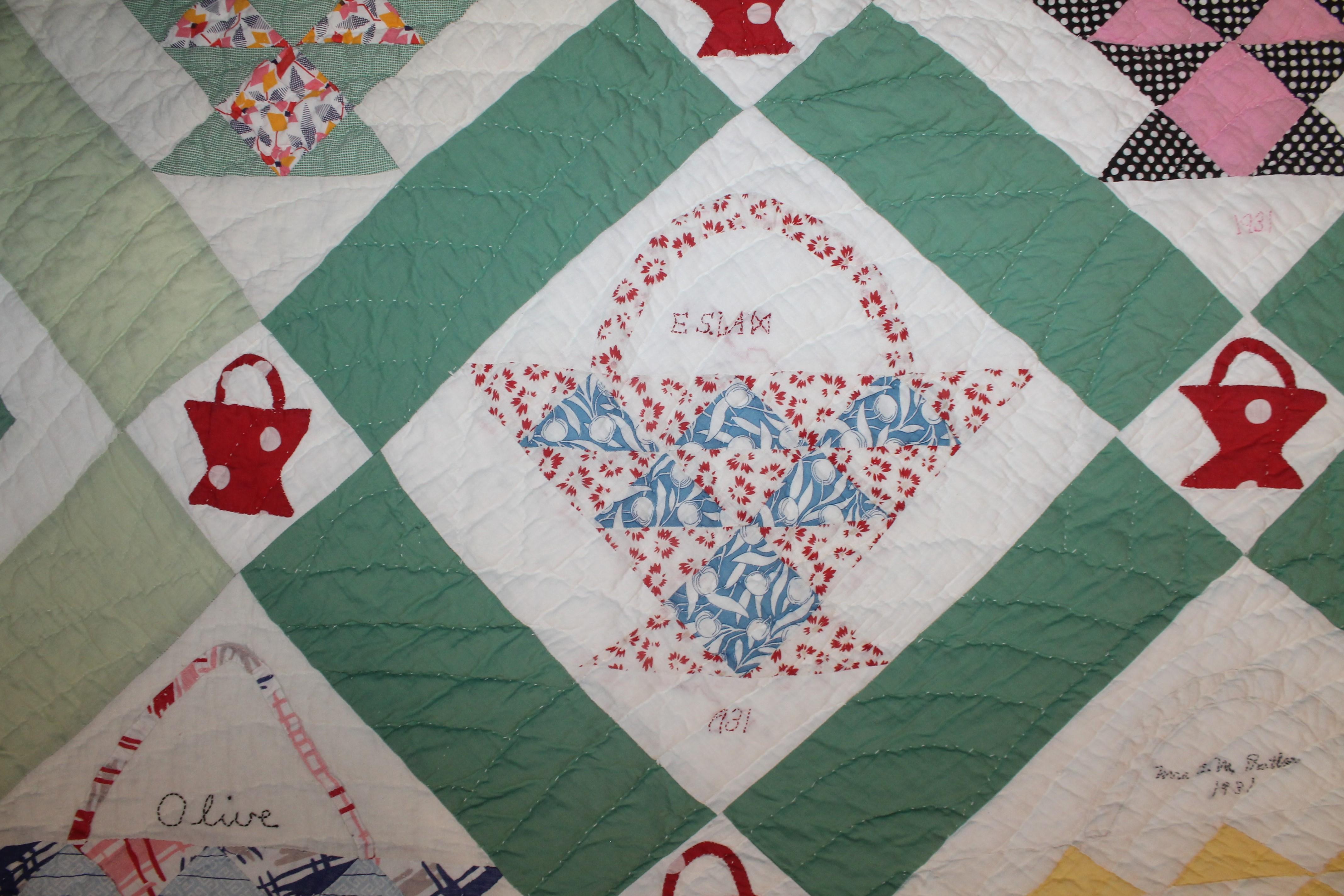 Hand-Crafted 1931 Signed Basket Quilt