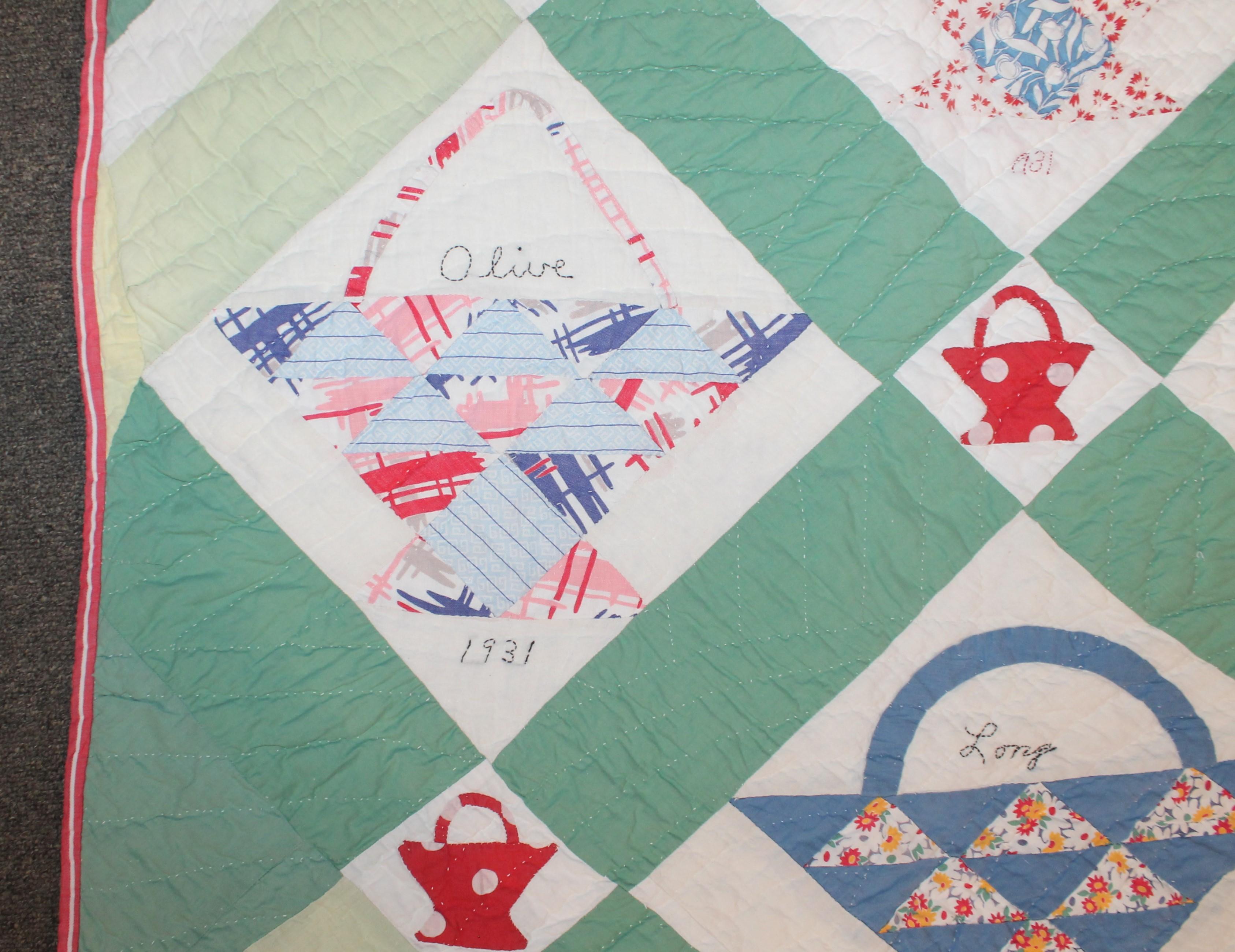 1931 Signed Basket Quilt In Good Condition In Los Angeles, CA