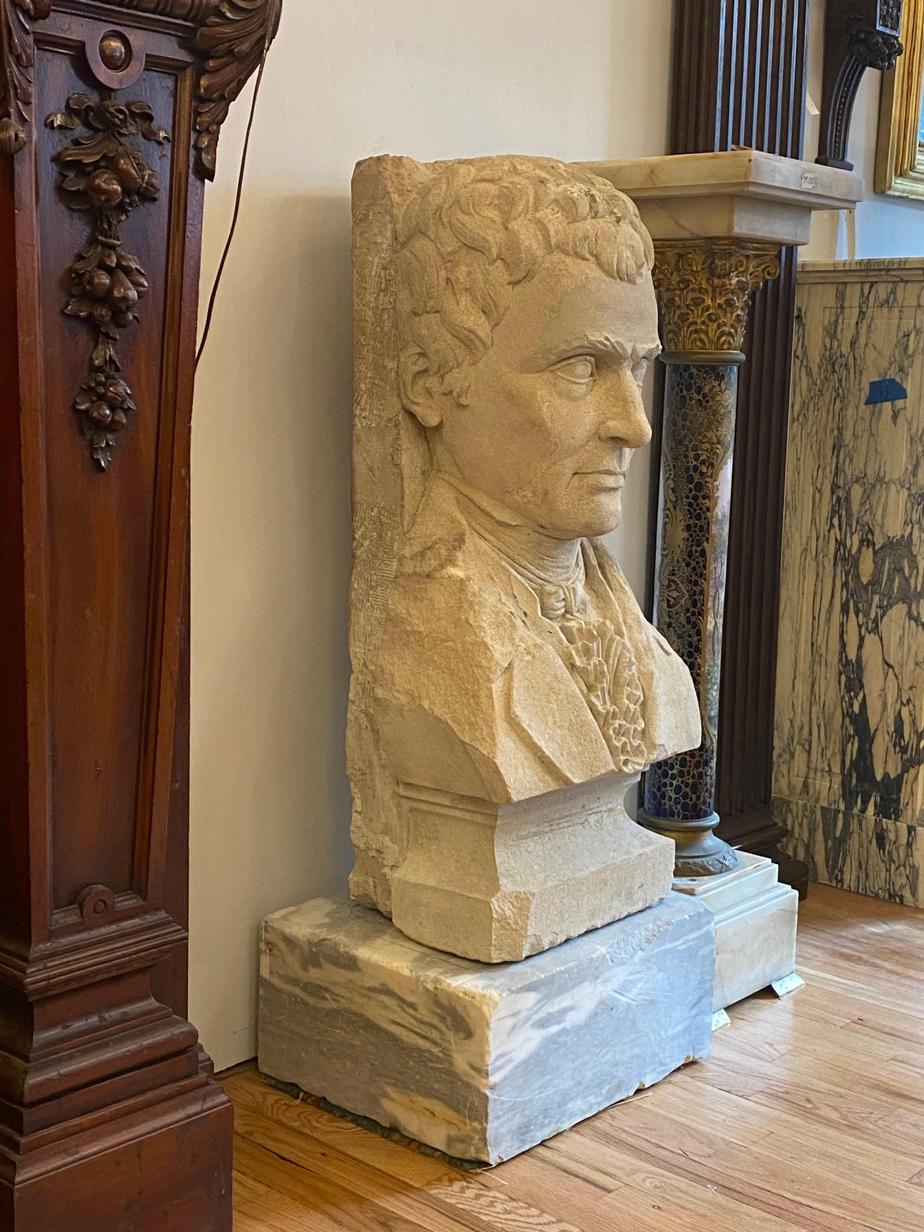 1931 Carved Limestone Bust of Robert Fulton Marble Base For Sale 4