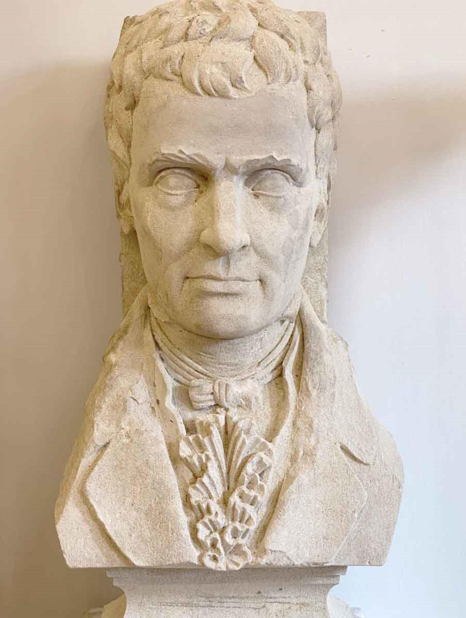 Industrial 1931 Carved Limestone Bust of Robert Fulton Marble Base For Sale
