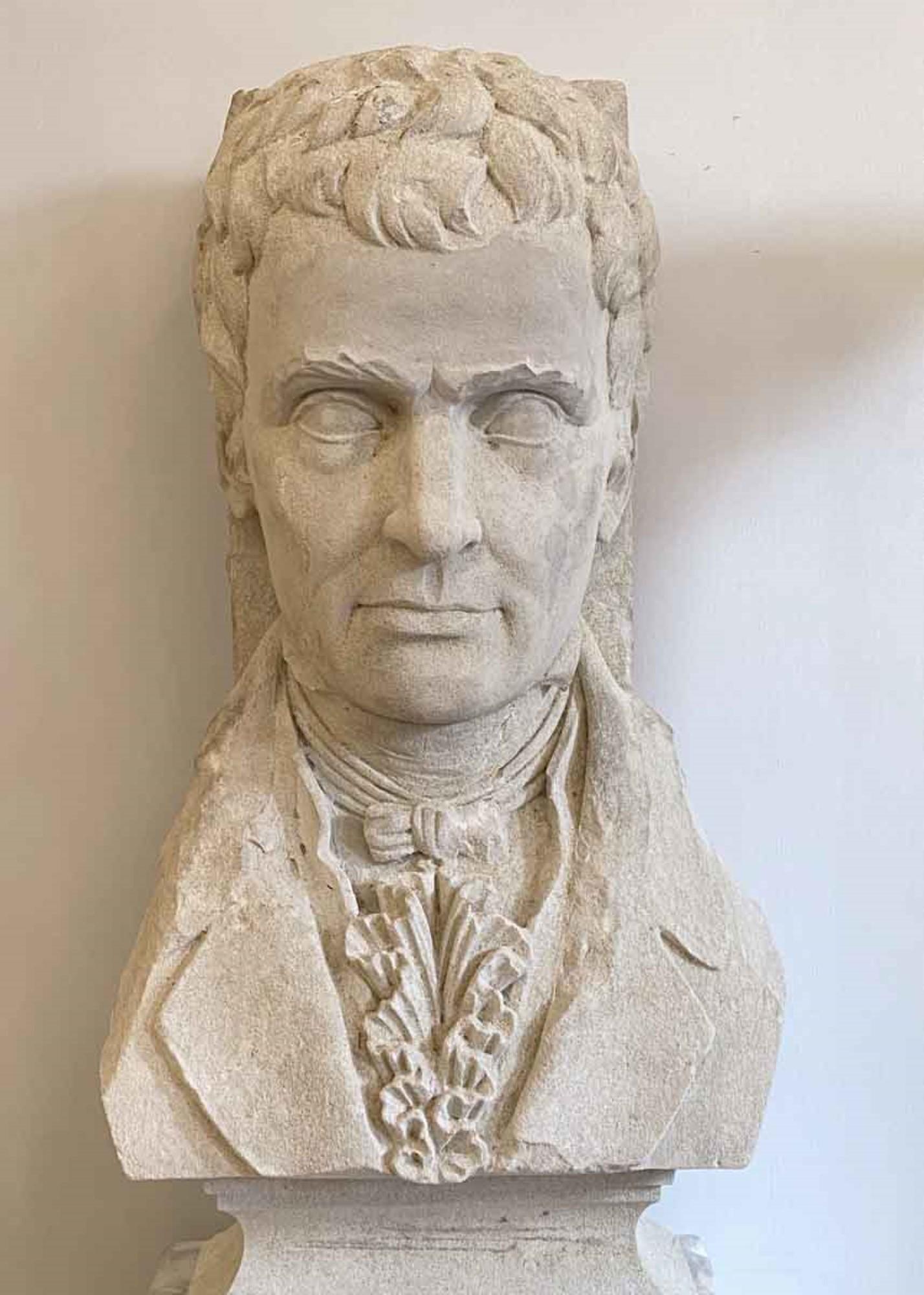 American 1931 Carved Limestone Bust of Robert Fulton Marble Base For Sale