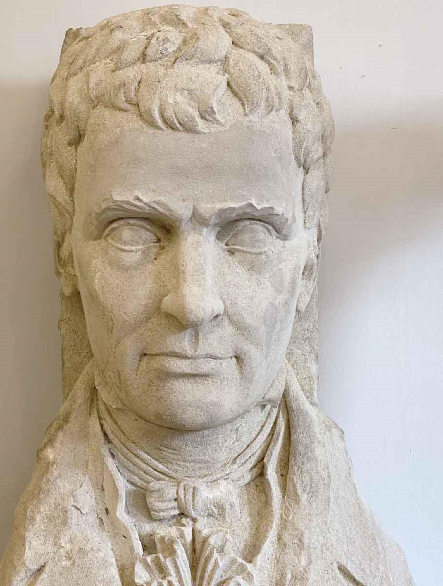 Hand-Carved 1931 Carved Limestone Bust of Robert Fulton Marble Base For Sale