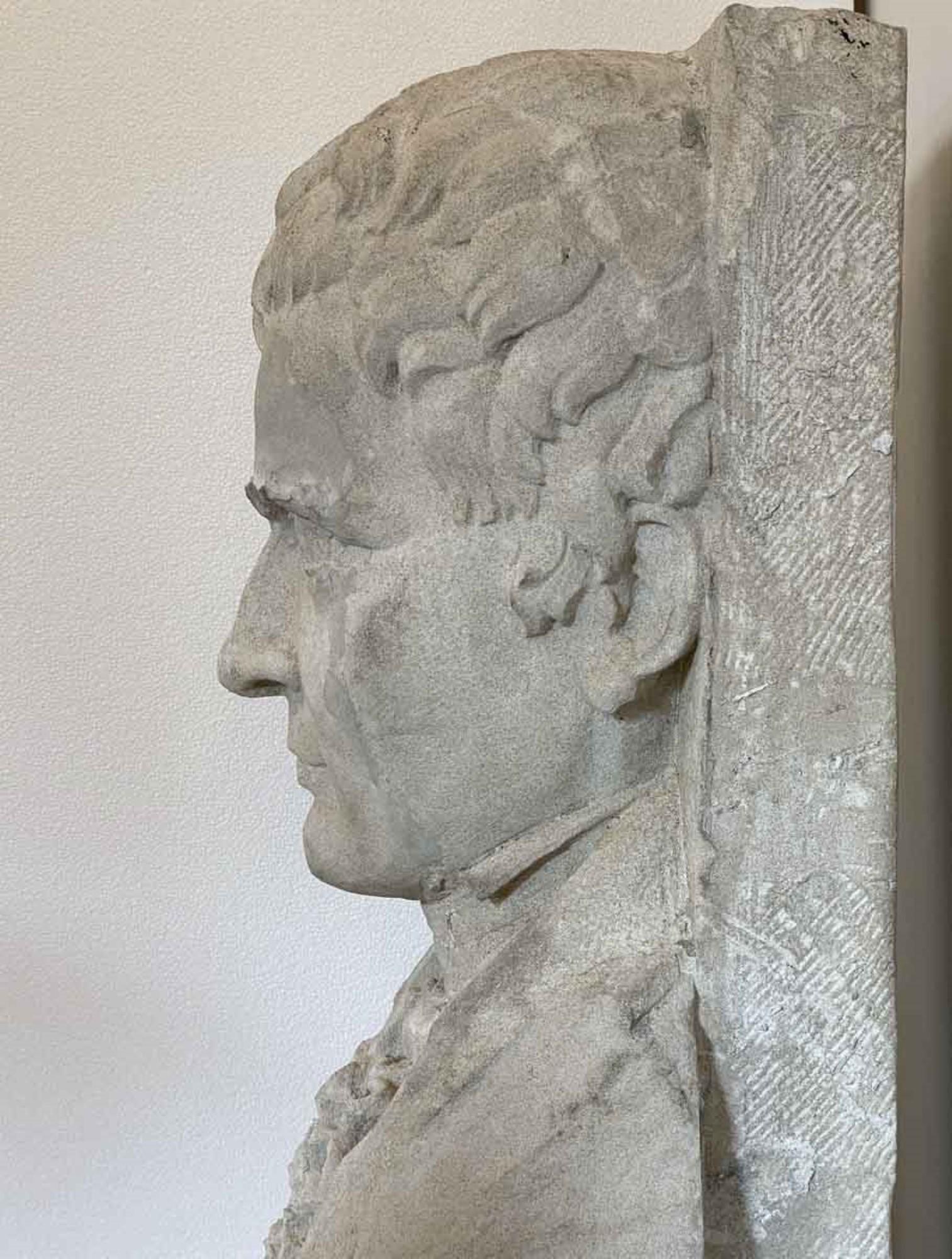1931 Carved Limestone Bust of Robert Fulton Marble Base For Sale 1