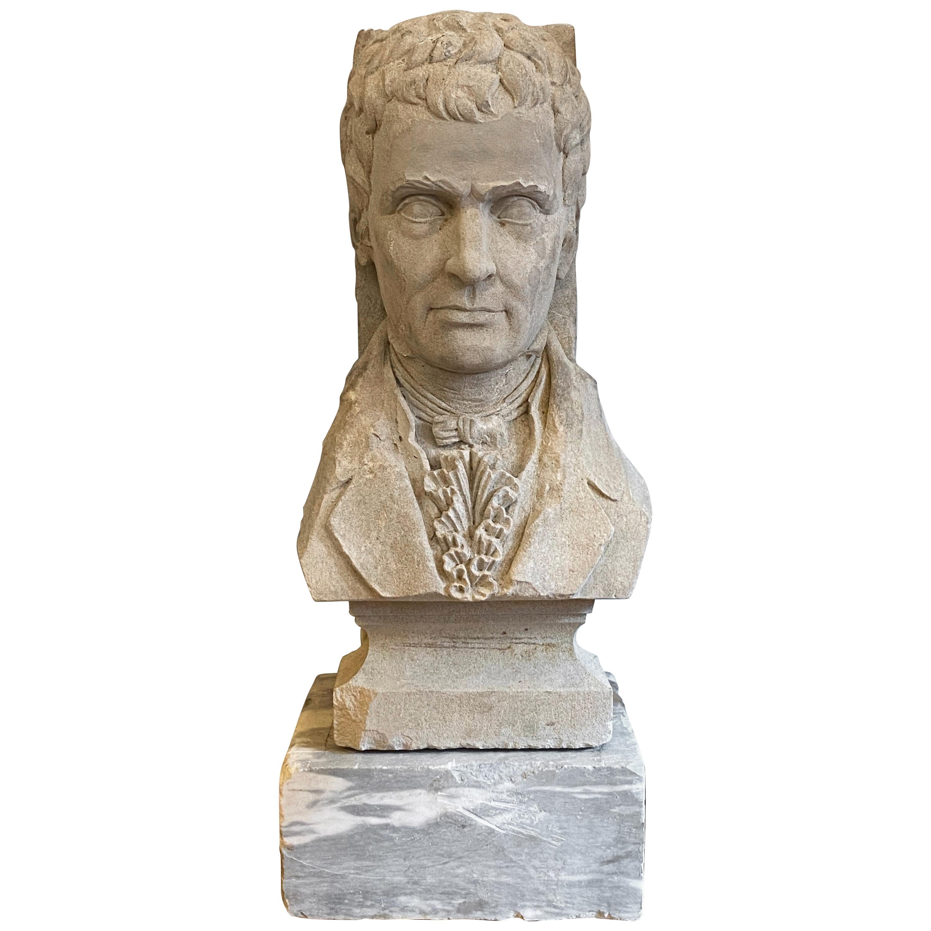 1931 Carved Limestone Bust of Robert Fulton Marble Base For Sale