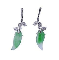19.31ctw Carved Jadeite Jade Diamond Gold Drop Earrings