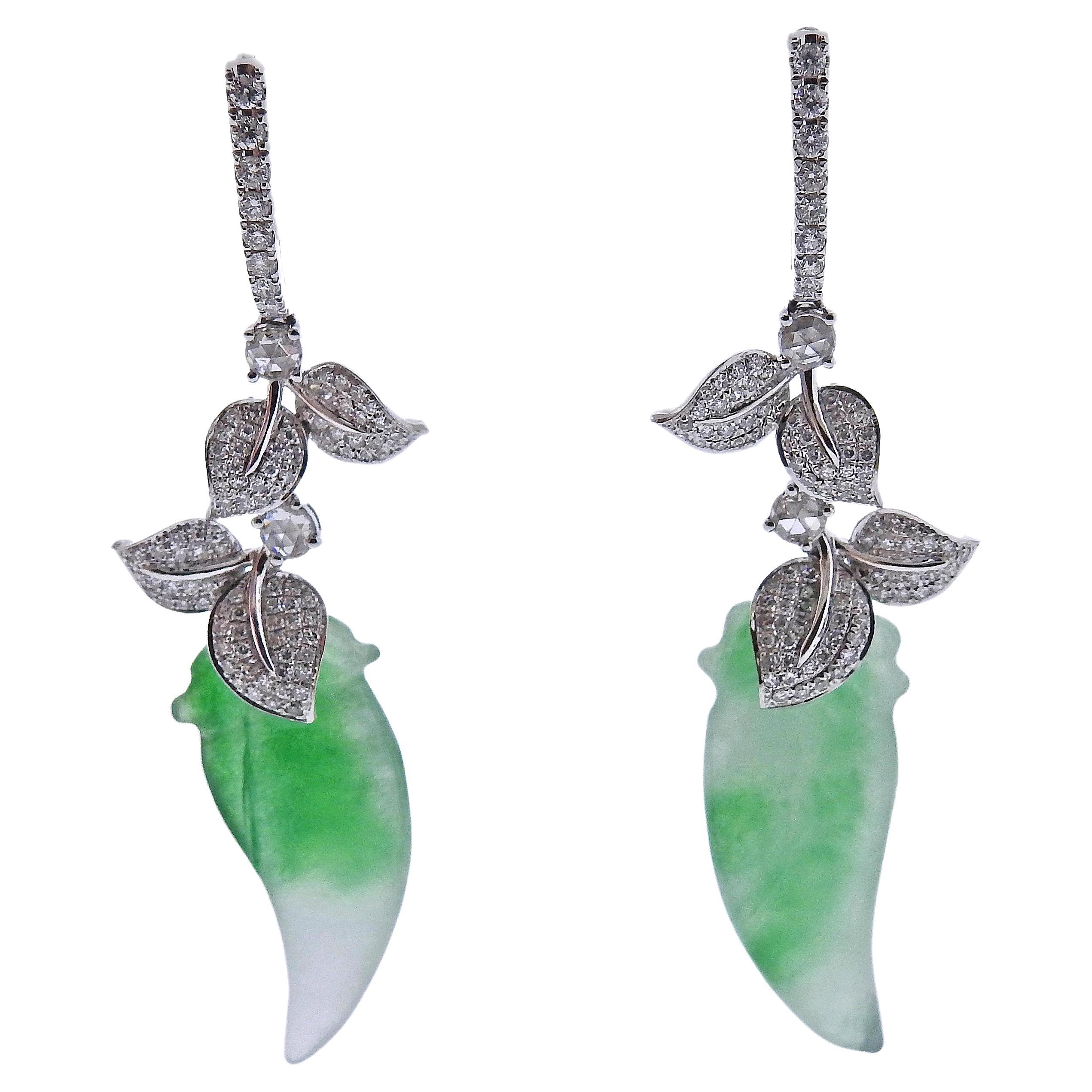 19.31ctw Carved Jadeite Jade Diamond Gold Drop Earrings For Sale
