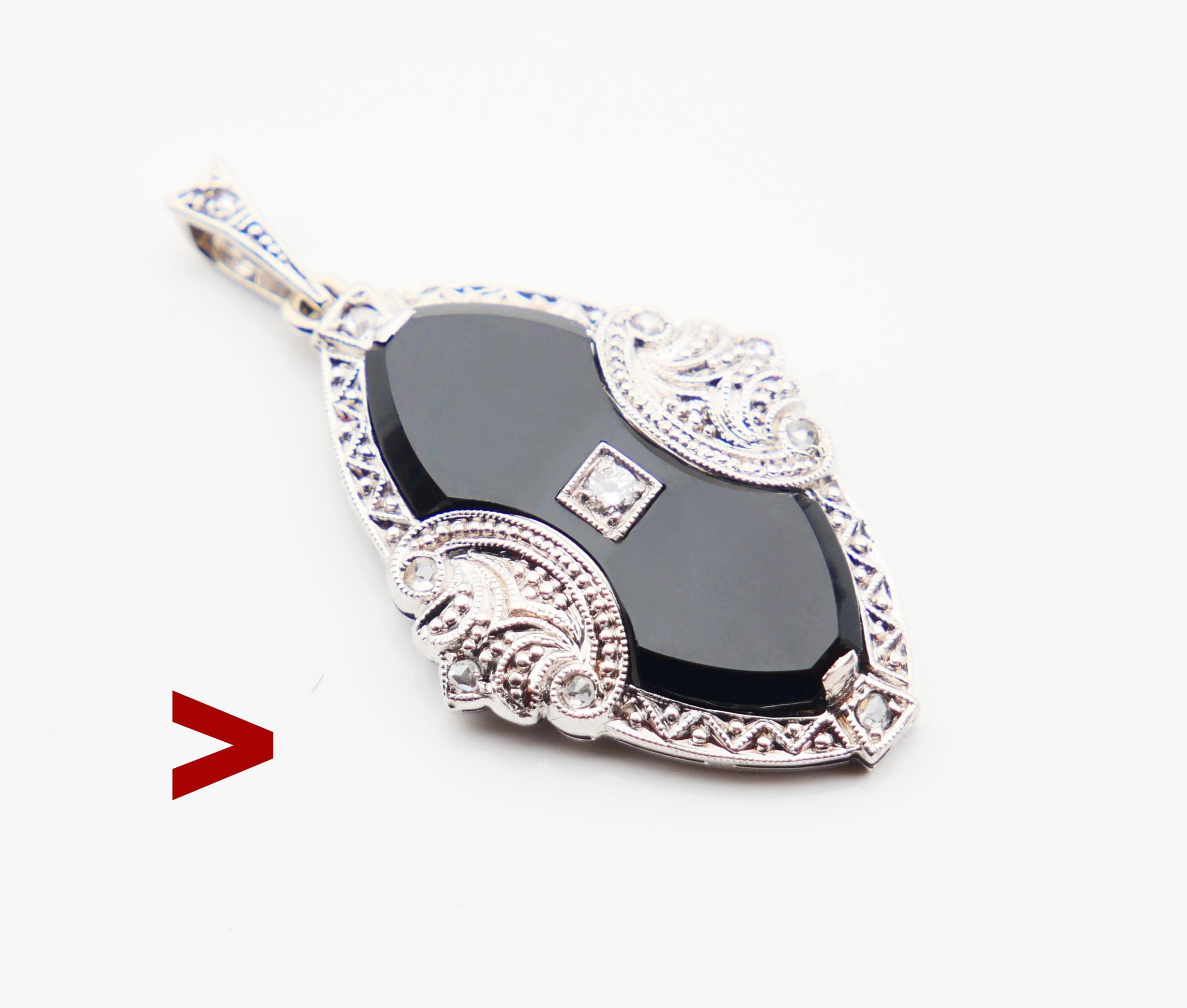 
Pendant in 18K White Gold with the setting of Black onyx accented with Diamonds. There are ten Diamonds here, the largest in the center is brilliant cut Ø 2mm /0.03ct, color ca. F, G /VVS, and nine others are rose cuts ca. 0.01 ct each. All