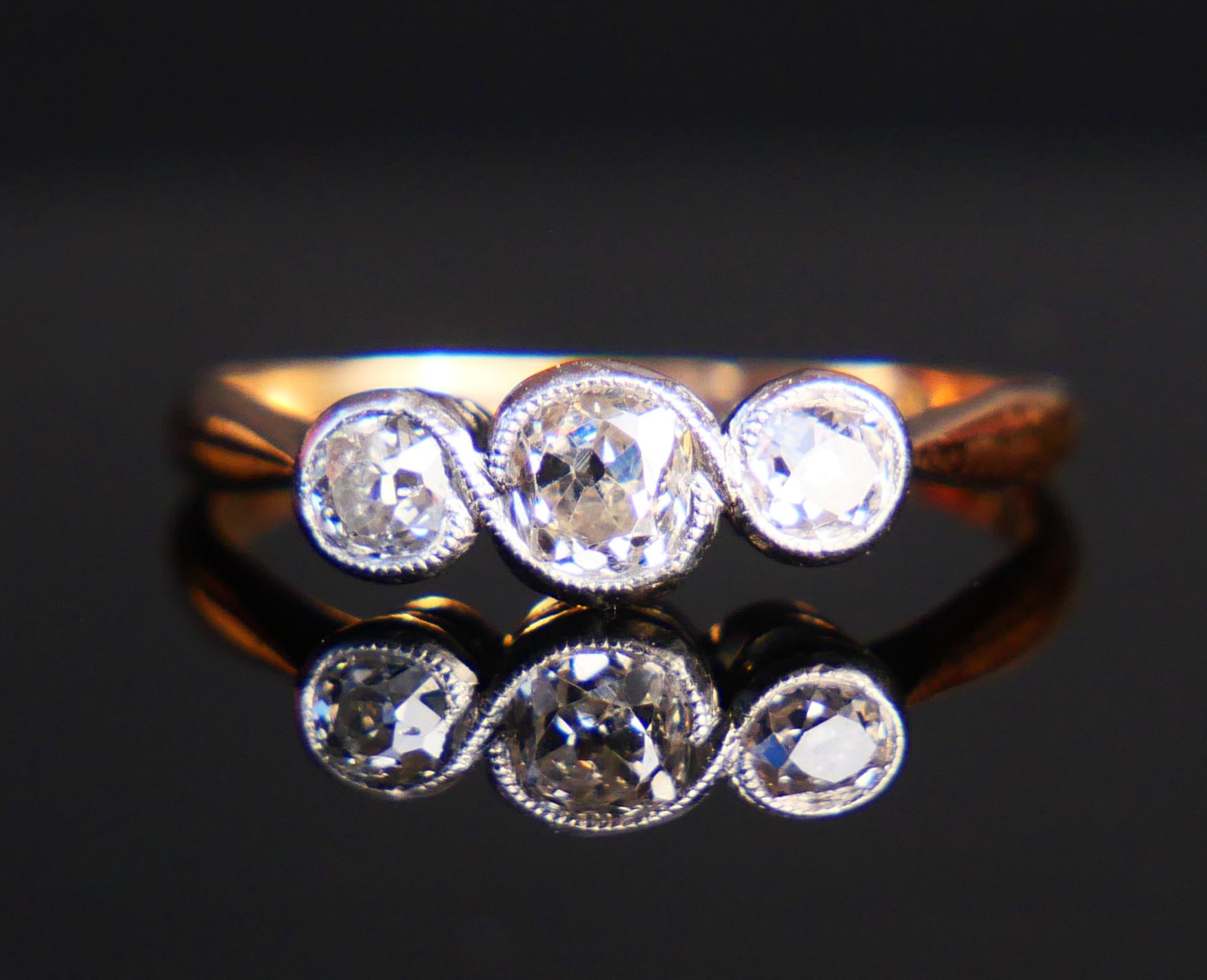 Nice Finish Three Stones cluster ring made in 1932 . Combination of 18K Orange Gold, White Gold /or Platinum and three natural Diamonds of old European Diamond cut, hand - made cut.
Beautiful and still very sturdy and damage - resistant ergonomic