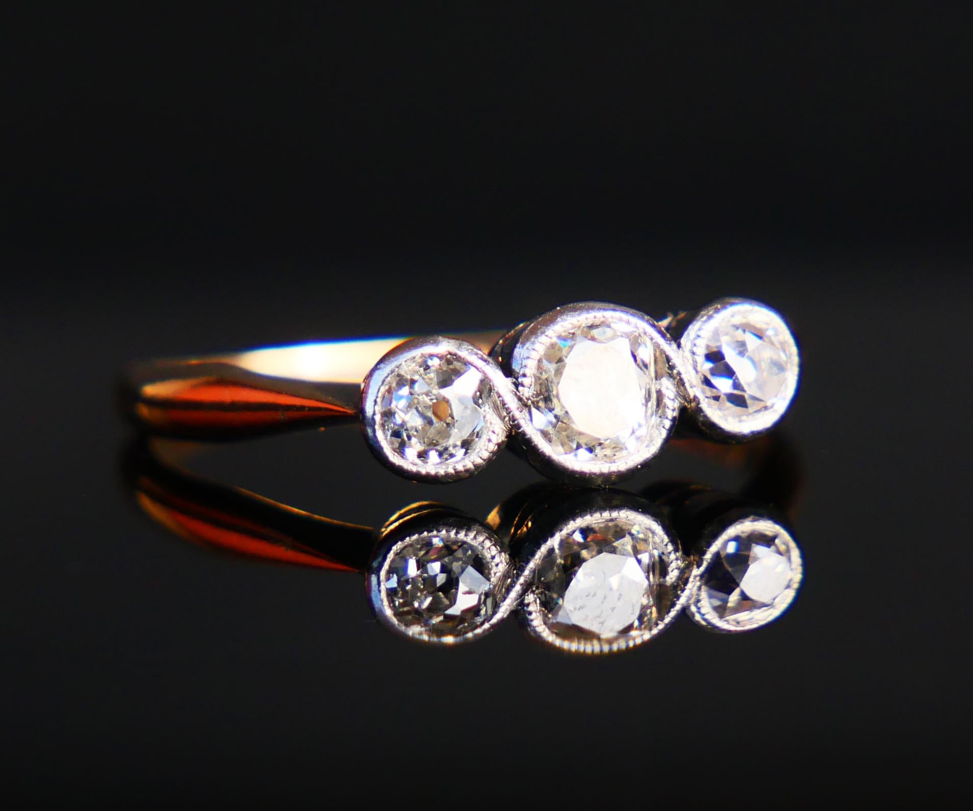 Old European Cut 1932 Finish Three stones Ring 0.7 ctw. Diamonds solid 18KGold Ø US6.25 /2gr For Sale