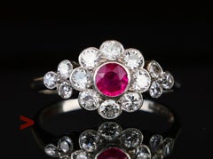 1932 Halo Ring natural 0.5ct Ruby 1ctw Diamonds solid Platinum ØUS6.75 /3.8gr