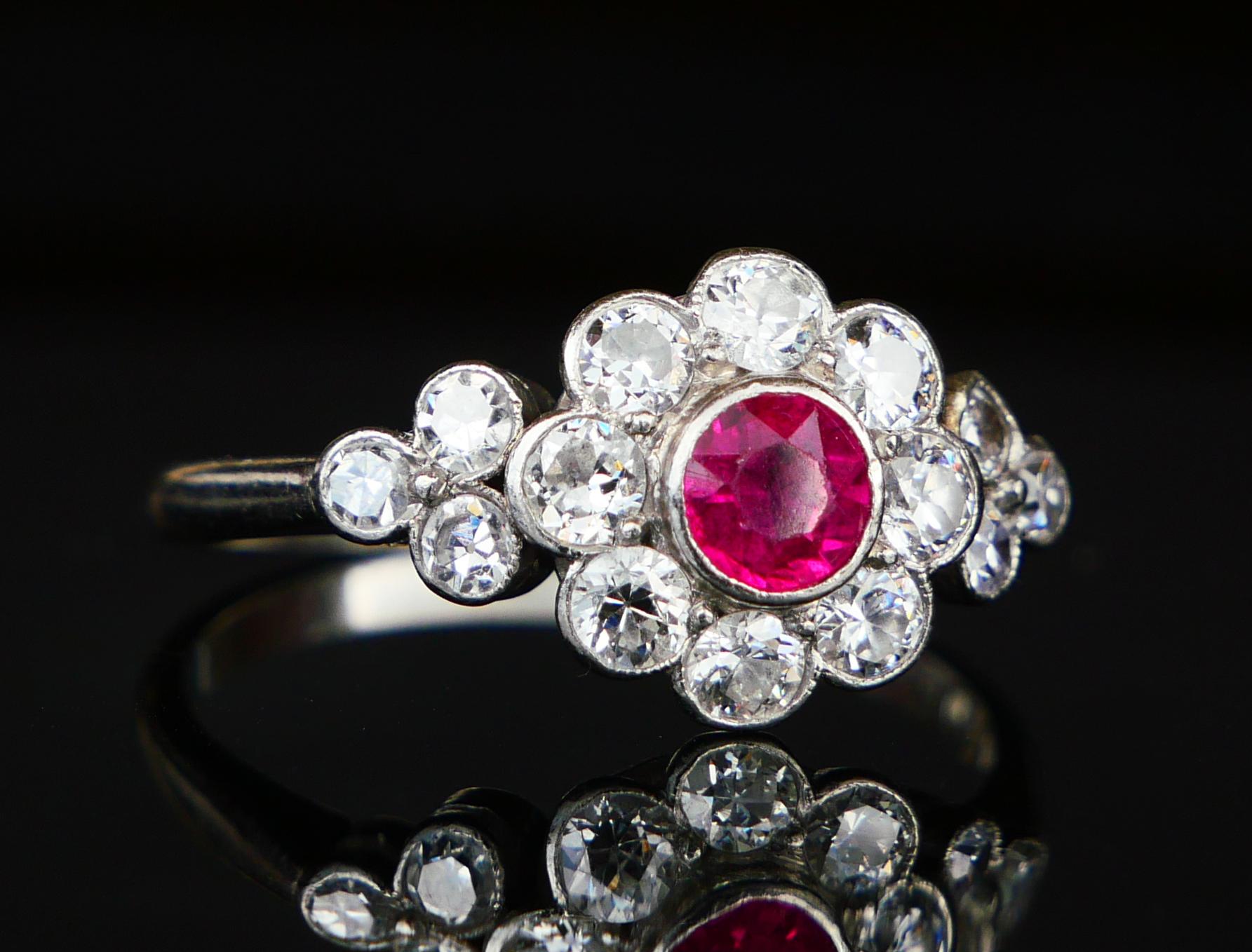 Art Déco Anello Halo 1932 con rubino naturale 0,5ct e diamanti 1ctw in platino massiccio ØUS6,75 /3,8gr in vendita