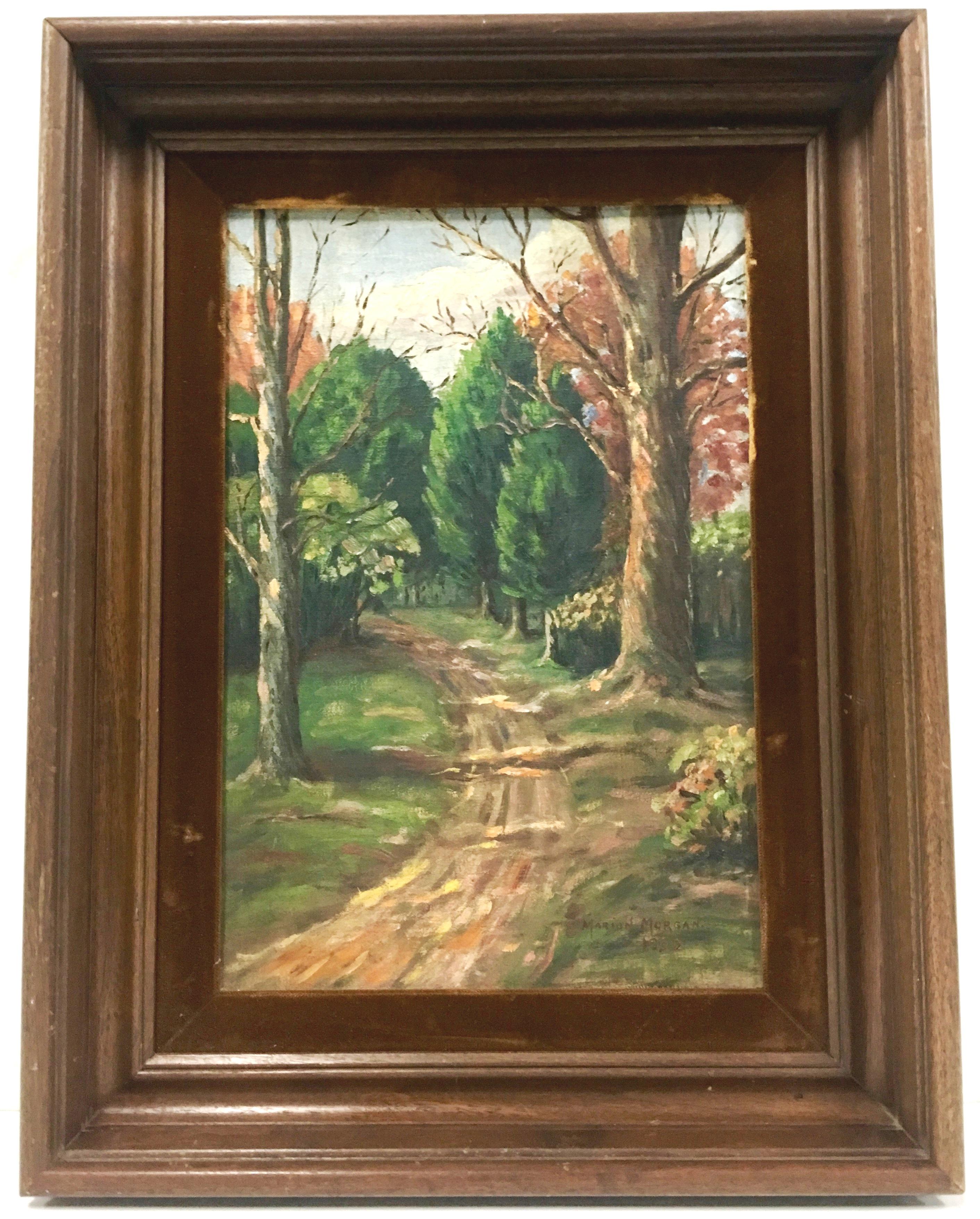 1932 original oil on canvas board painting by, Marion Morgan. Signed lower right, Marion Morgan 1921. Framed in a dark wood stained frame with brown velvet matte. Image size, 13