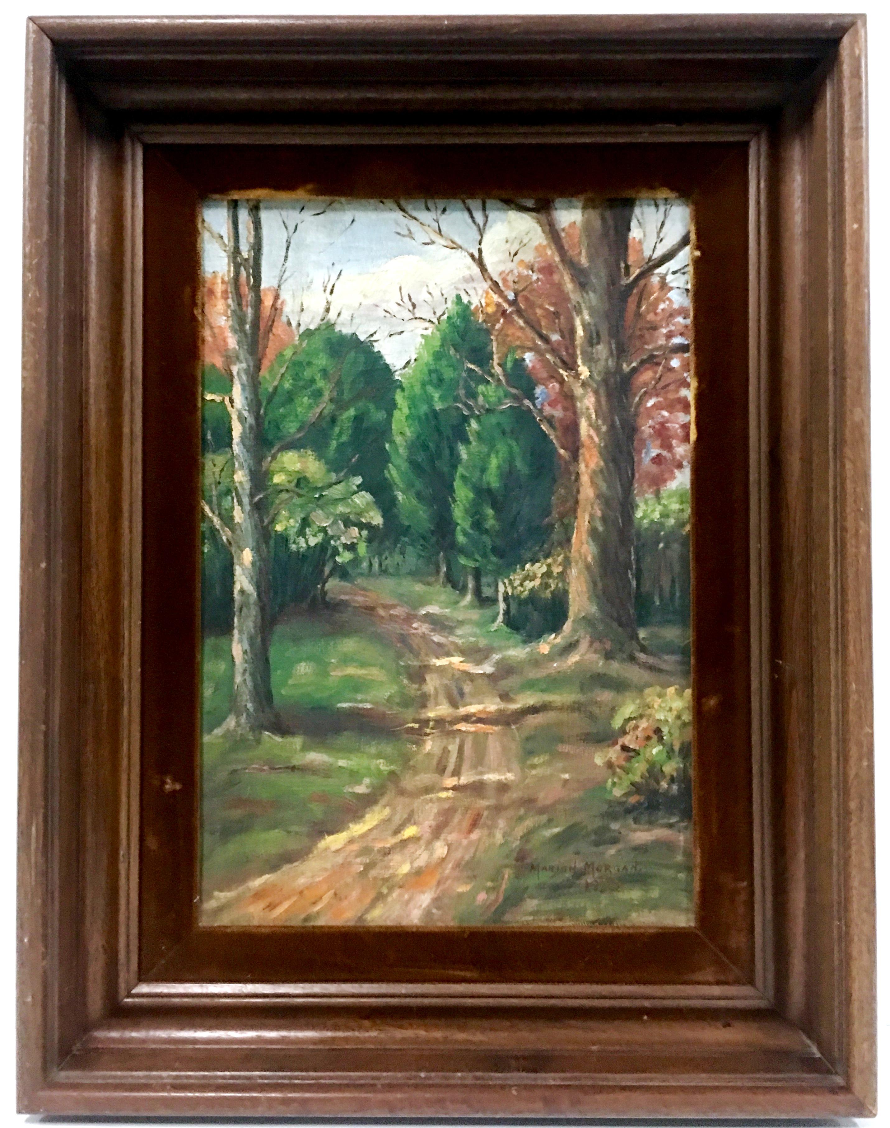 1932 Original oil on canvas board painting by, Marion Morgan. Signed lower right, Marion Morgan 1921. Framed in a dark wood stained frame with brown velvet matte. Image size, 13