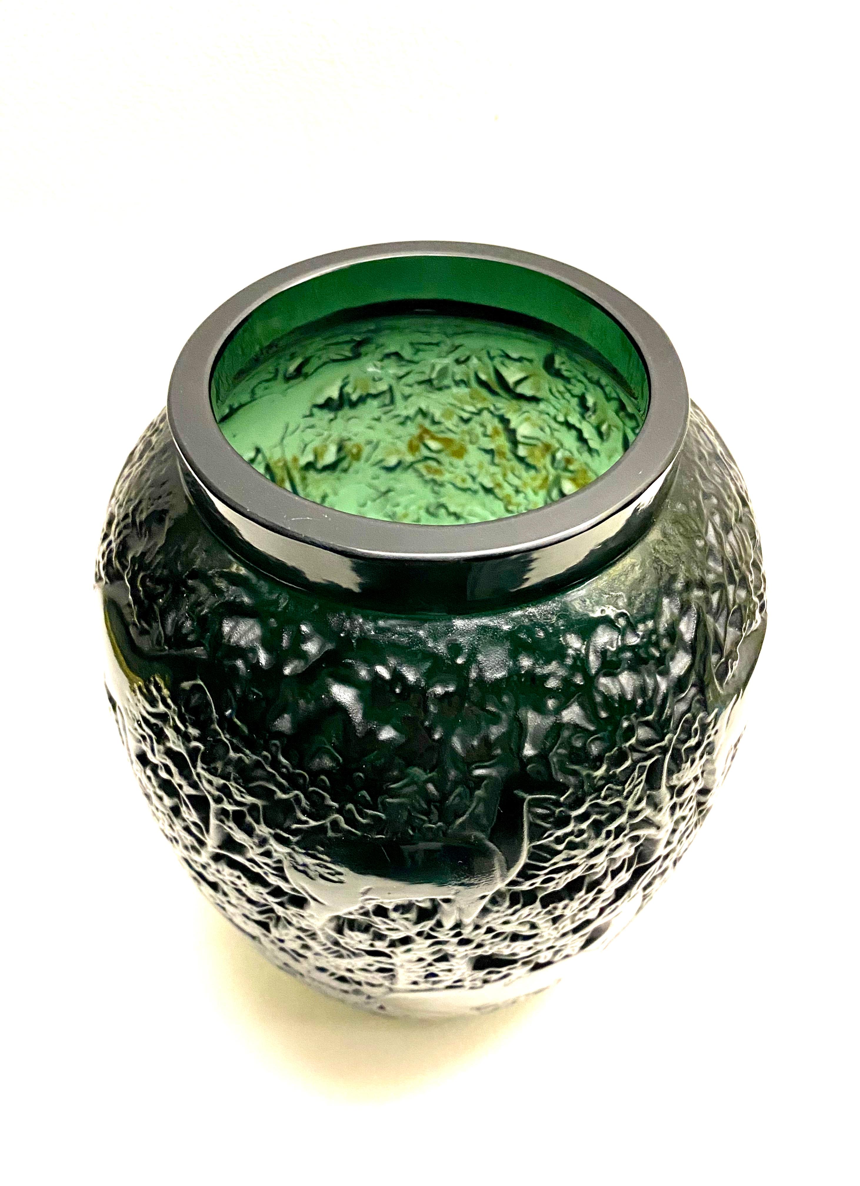 Molded 1932 Original René Lalique Biches Vase in Dark Green Glass