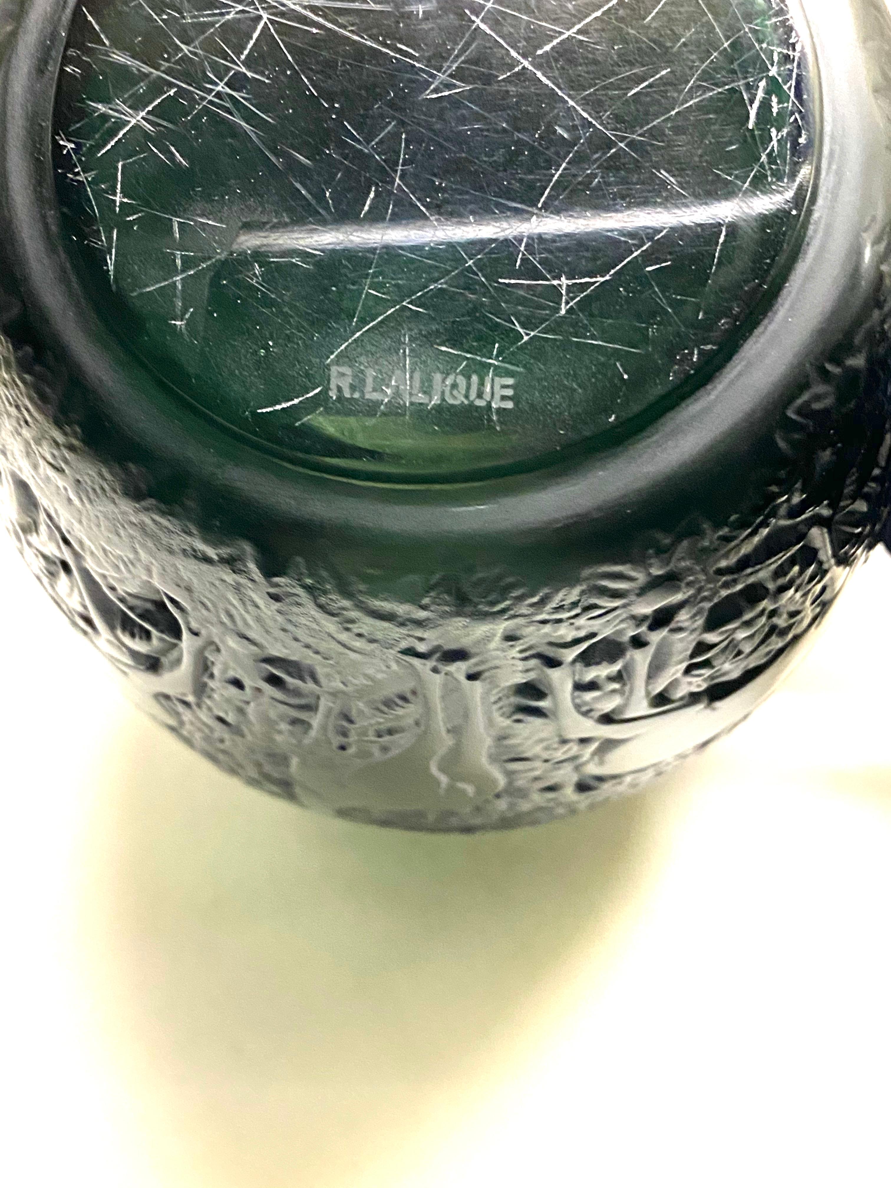 Mid-20th Century 1932 Original René Lalique Biches Vase in Dark Green Glass