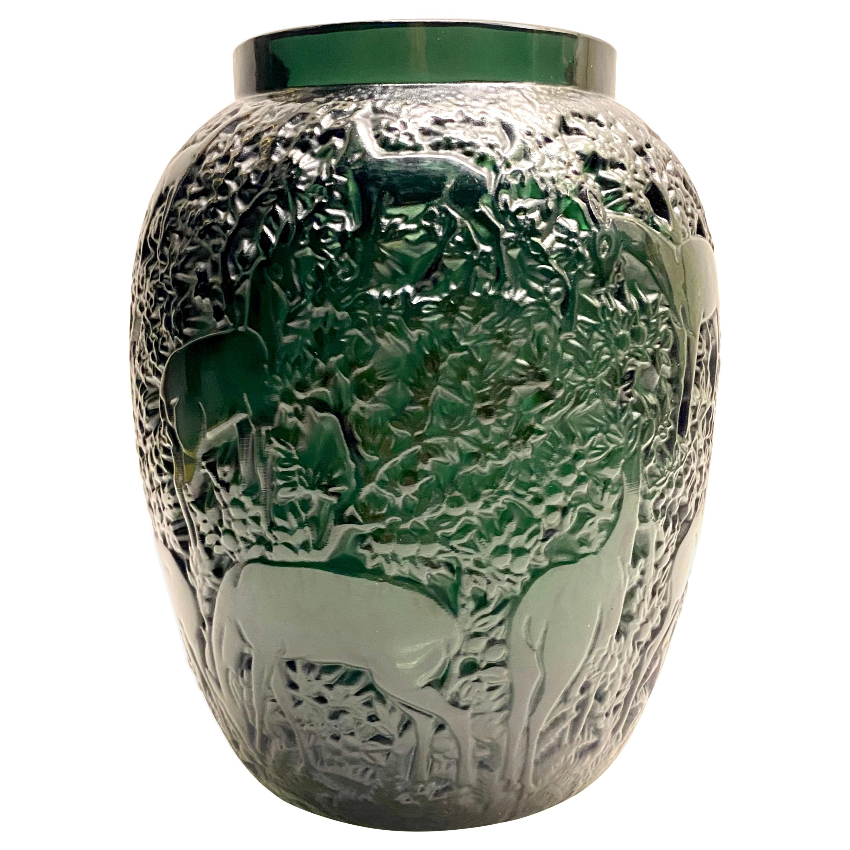 1932 Original René Lalique Biches Vase in Dark Green Glass
