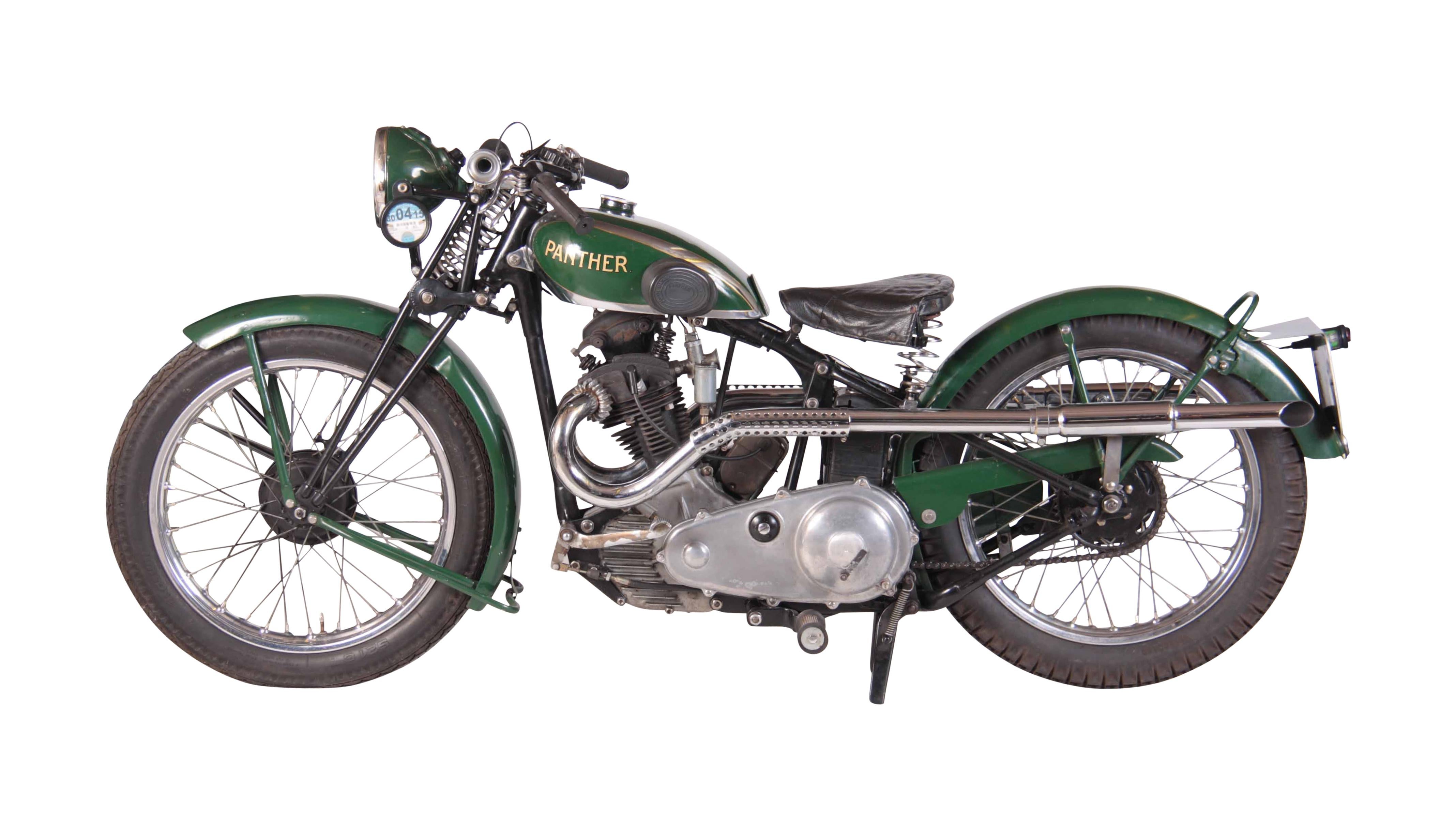 1932 Phelon and Moore Panther motorcycle.
A rare 1932 rigid framed 'sloper' 250cc Panther motorcycle. The last owner acquired the bike in 1983. It is a simple and robust machine which inspires enormous enthusiasm from its owners. It is a great