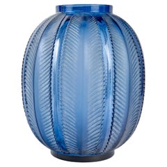 1932 René Lalique - Art Deco Vase Biskra Navy Blue Glass with White Patina