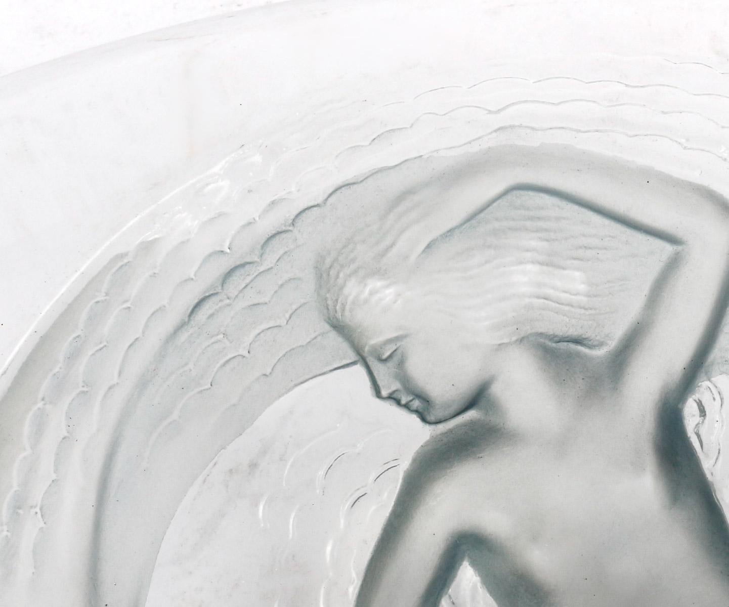 French 1932 René Lalique Bowl Calypso Glass with Blue Grey Patina, Mermaids For Sale