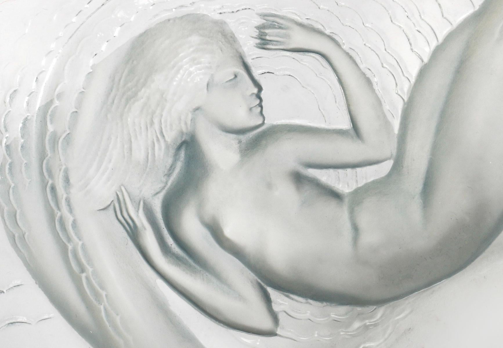 Molded 1932 René Lalique Bowl Calypso Glass with Blue Grey Patina, Mermaids For Sale
