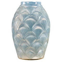 1932 Rene Lalique Herblay Vase in Double Cased Opalescent Glass with Blue Patina