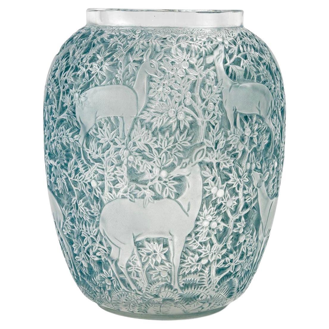 1932 René Lalique Original Biches Vase in Frosted Glass with Bleu Patina