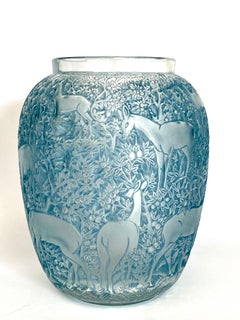 1932 René Lalique Original Biches Vase in Frosted Glass with Blue Patina