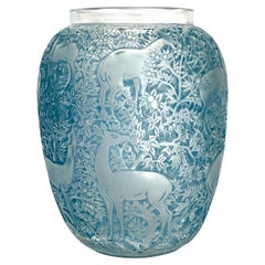 1932 René Lalique Original Biches Vase in Frosted Glass with Blue Patina