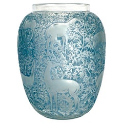 1932 René Lalique Original Biches Vase in Frosted Glass with Blue Patina