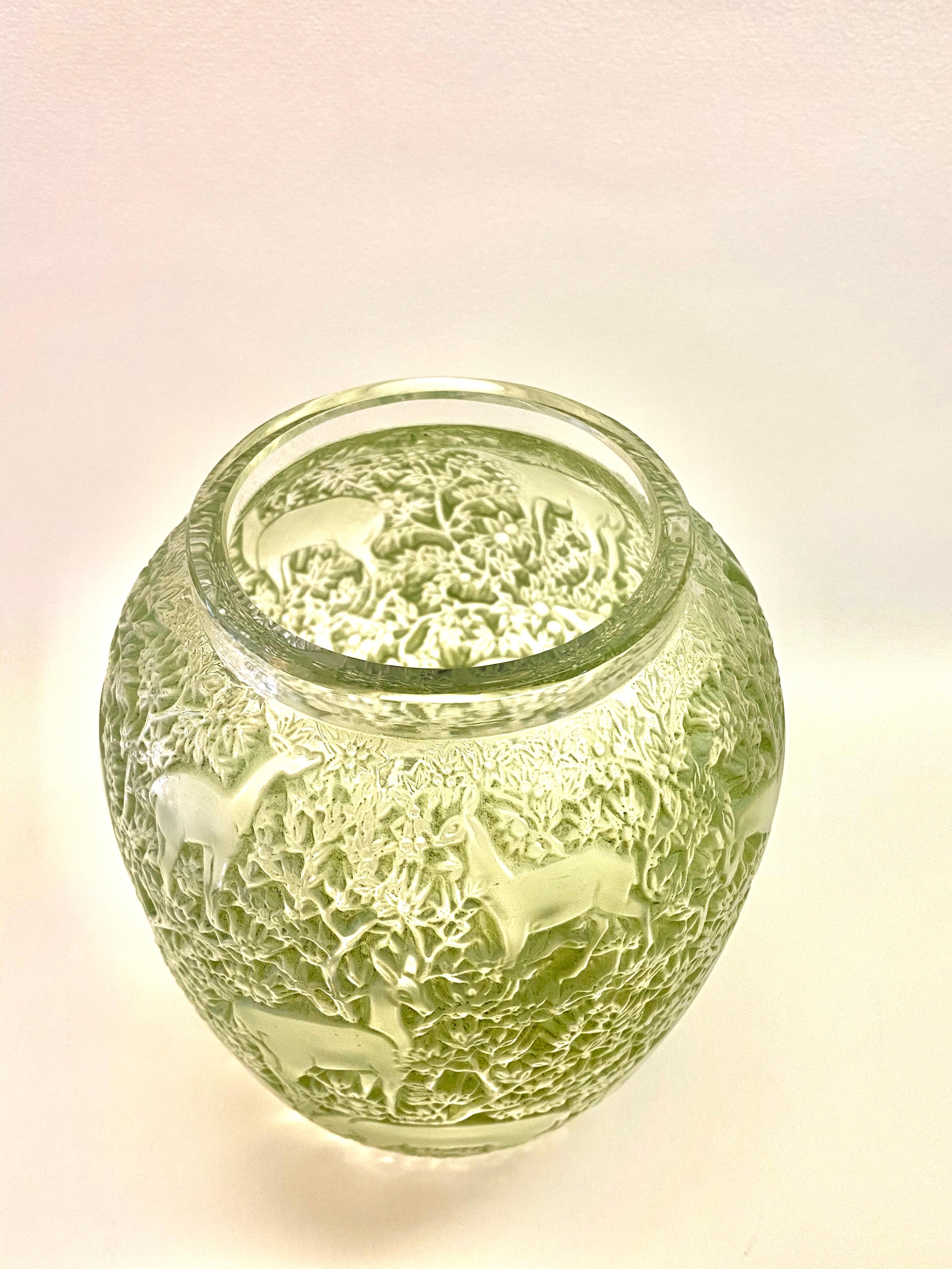 Art Deco 1932 René Lalique Original Biches Vase in Frosted Glass with Green Patina