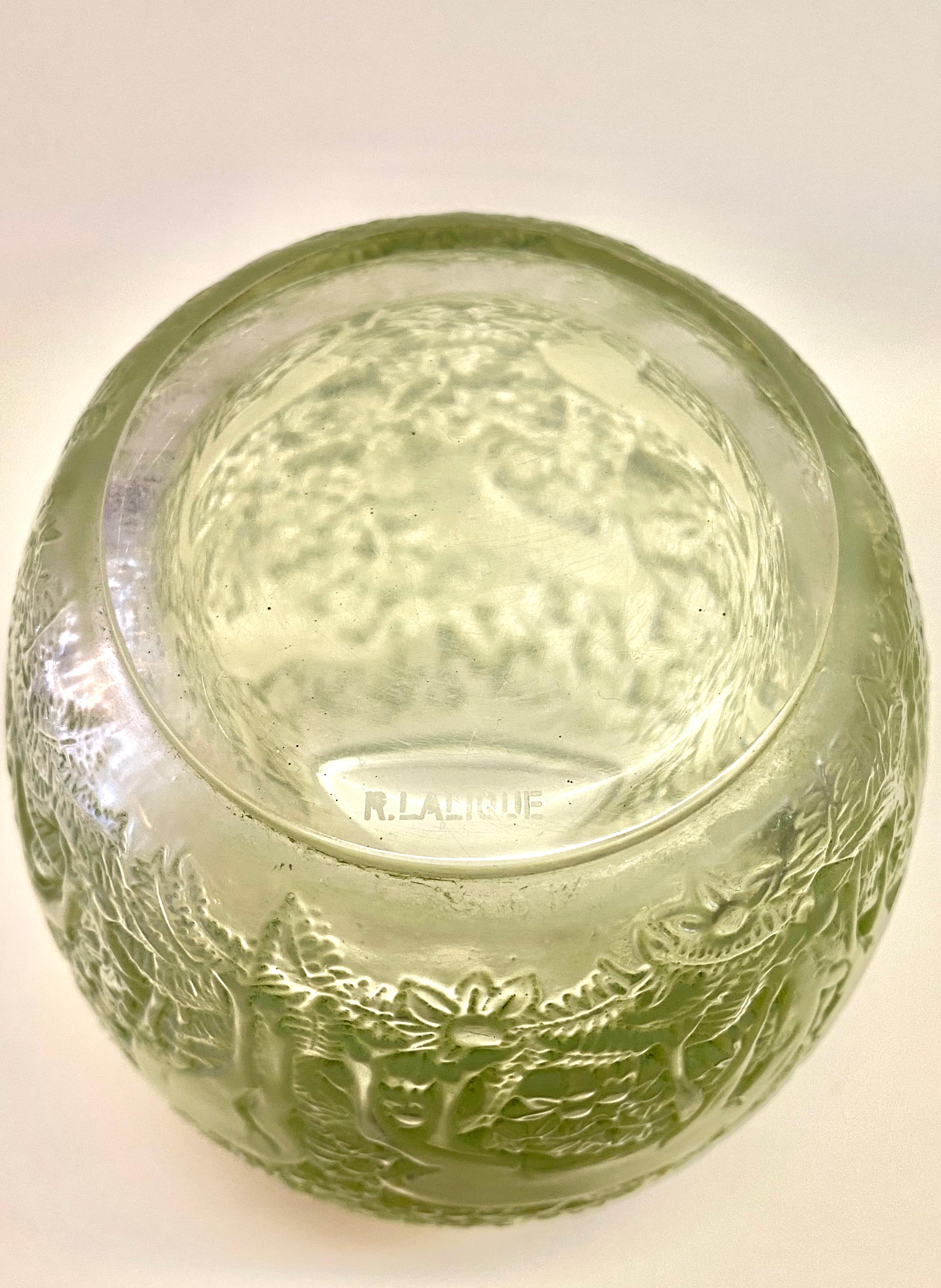 French 1932 René Lalique Original Biches Vase in Frosted Glass with Green Patina