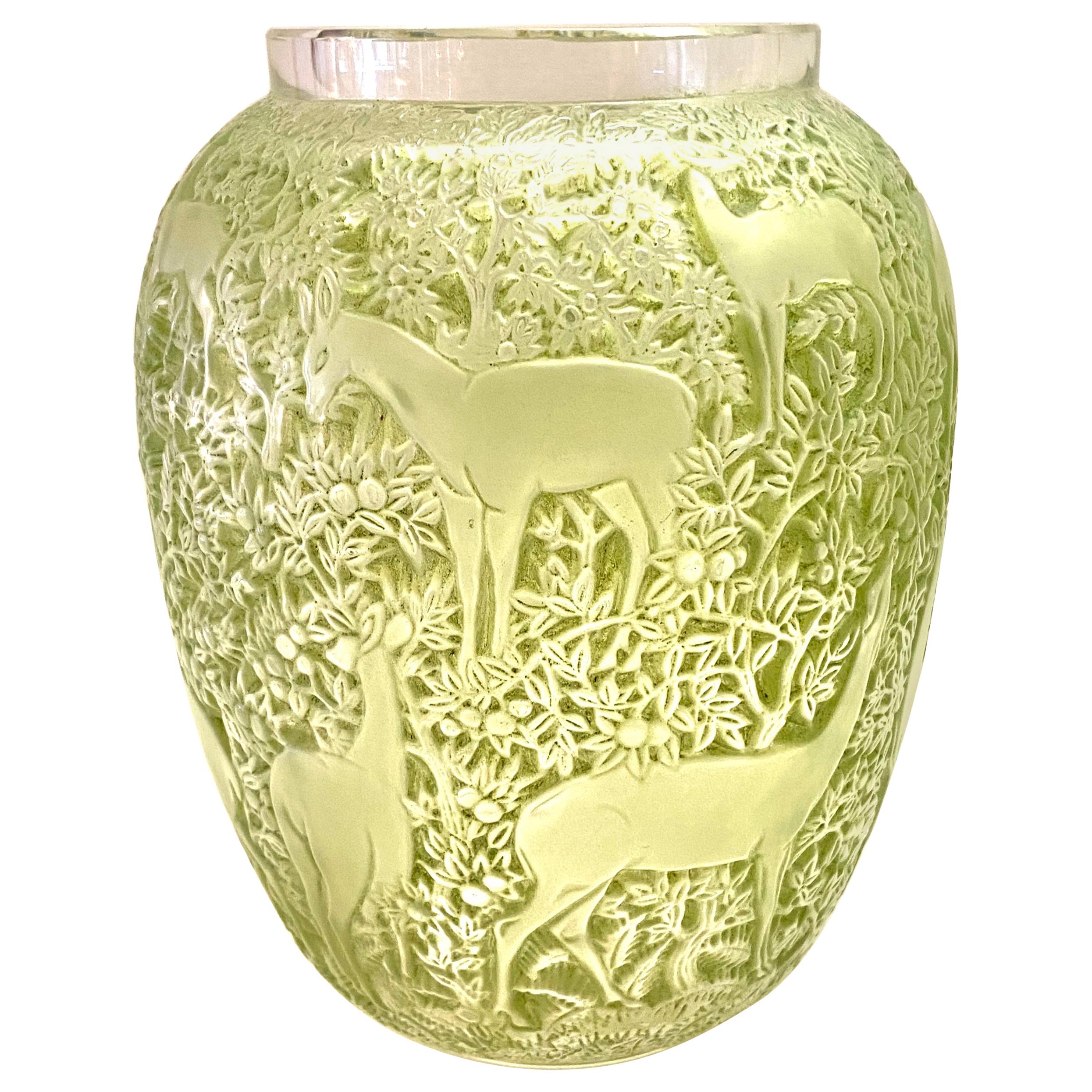 1932 René Lalique Original Biches Vase in Frosted Glass with Green Patina