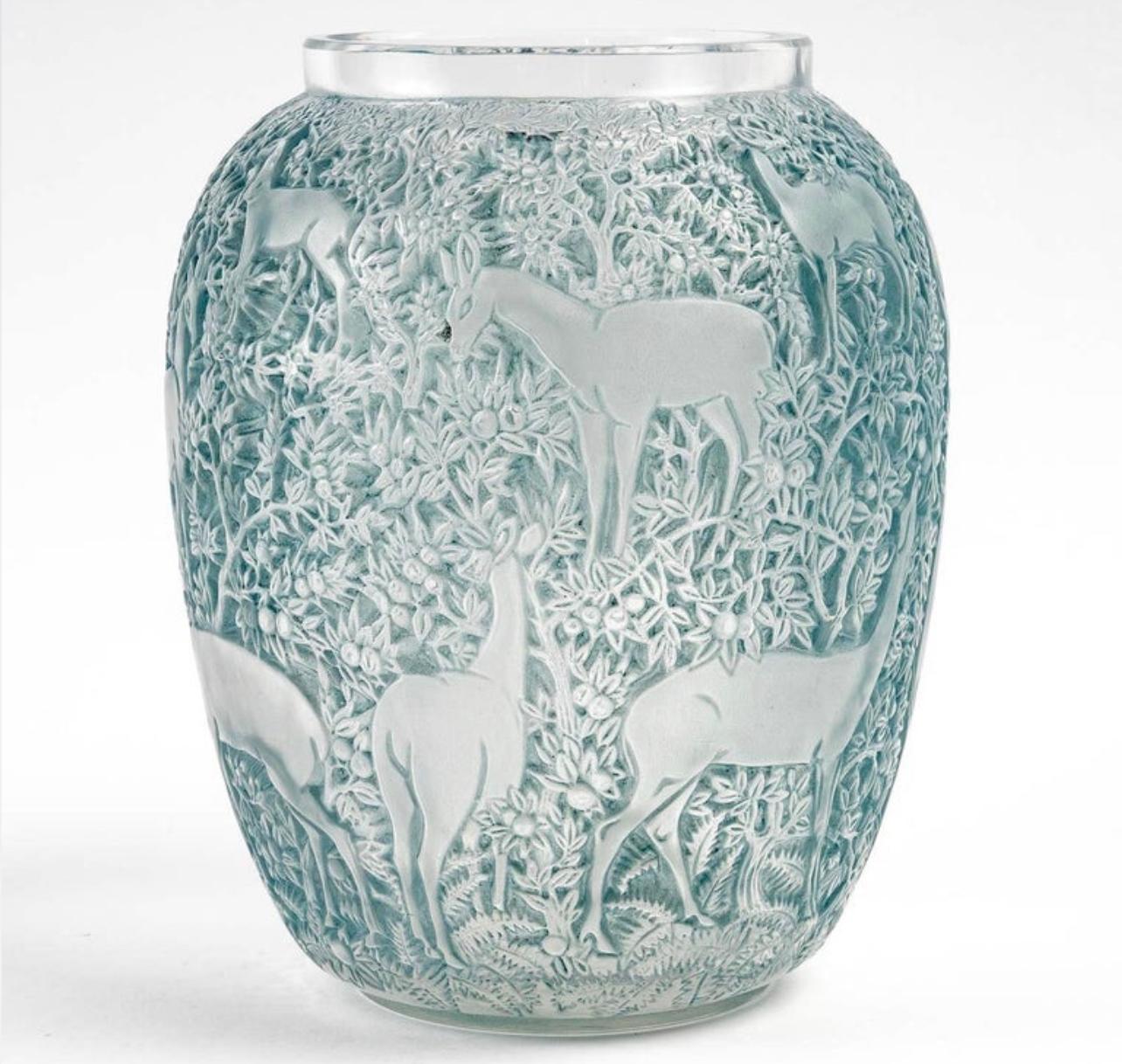 Art Deco 1932 René Lalique, Original Vase Biches Frosted Glass with Blue Patina