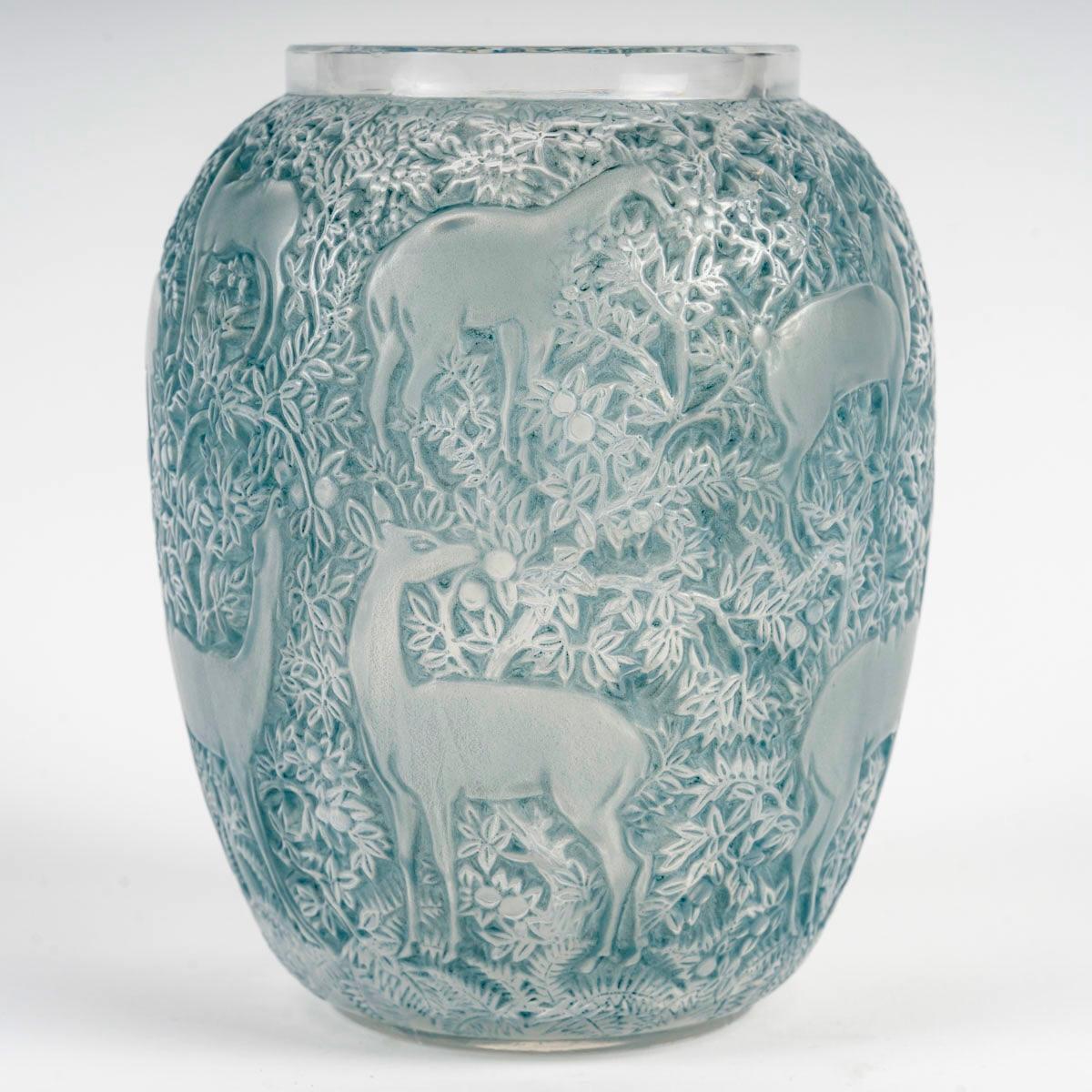 Molded 1932 René Lalique, Original Vase Biches Frosted Glass with Blue Patina